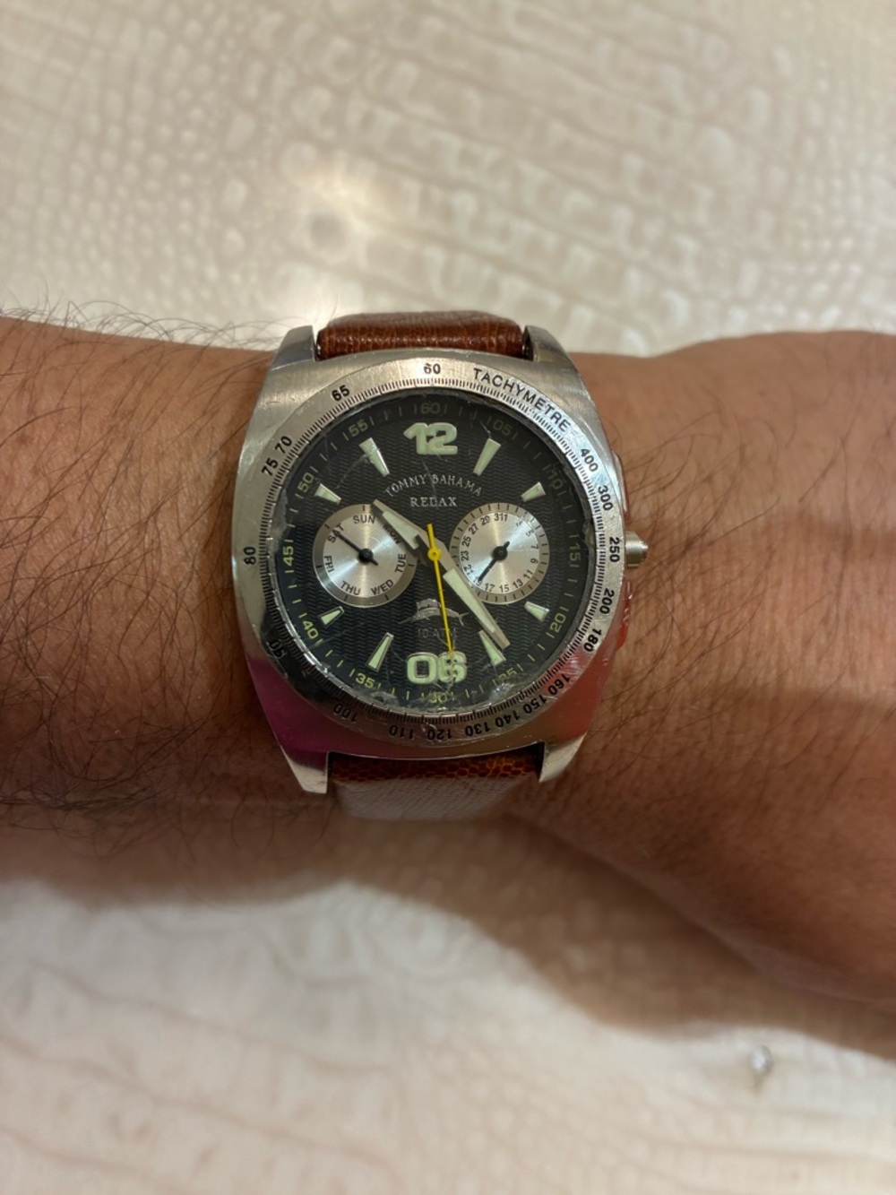 Tommy Bahama Black Dial Chronograph Watch with Brown Leather Strap